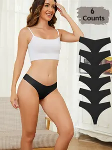 Women's Seamless Elastic Thong Panties, Low Waist V-Waist Ice Silk Underwear, Casual Slim-Fitting, All Seasons, 6 Pack