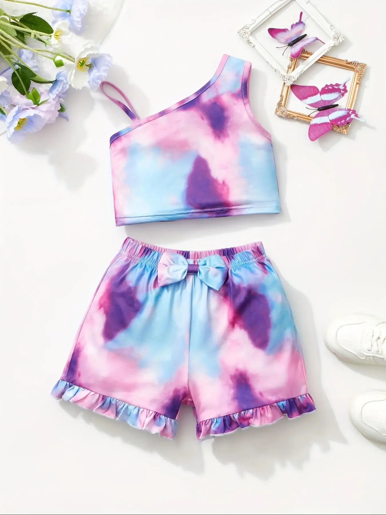Girl's Tie Dye Print Crop Tank Top & Bow Decor Shorts Two-piece Set, Casual Sleeveless Top & Shorts for Summer, Kids Clothes for Daily Wear