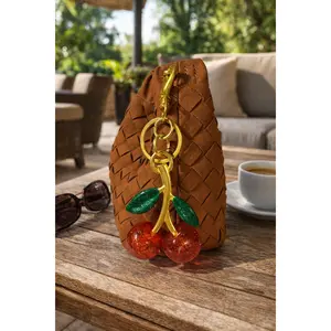 Ampere Creations Cherry Charm - Glossy Red Cherries Sparkling Green Leaves Luxe Gold-Tone Hardware Clip-On Lobster Clasp for Handbags