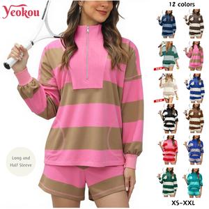 Yeokou Women's Lounge Set 2 Piece Striped Long Sleeve Quarter Zip & Short Sleeve T Shirt and Shorts for Summer & Autumn Casual Workout Tracksuit Sporty Set Stylish Activewear Yoga Outfit Set Lightweight Athletic Outfits Sweatsuit Matching Set,summerwins,s