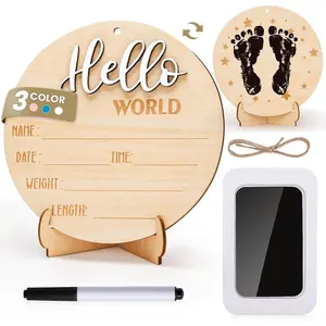 Hello World Sign for  Announcement: Gender-Neutral Wooden Welcome  Signs for  with Footprint -  Birth Round Board for  Boy and Girl