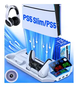 ESYWEN PS5/PS5 Slim Cooling Stand with 3 Mode LED Fan & 2 Controller Charging Dock for PS5 Optical/Digital & Slim Consoles, 13 Game Slots, USB Ports, Remote Control, Type-C Cable, Efficient Air Suction, Overheat Protection