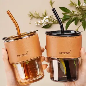 Bamboo-inspired tumbler with lid and straw - 13 oz leak-proof glass cup for coffee, tea, or juice - stylish to go iced coffee cups with lids - includes removable leather sleeve