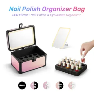 Qislee Nail Polish Organizer Bag, Eyelash Beauty Organizer Storage Box, Portable Travel LED Makeup Box, Compact Makeup Case with Lighted Mirror