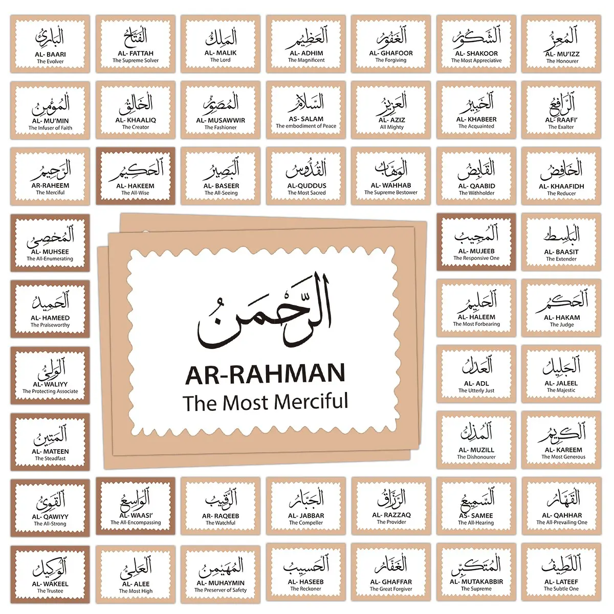 99pcs Ar-Rahman Flashcards with English and Arabic bilingual, 99 Names of Allah and Their Meanings, Perfect for Ramadan, Eid, or Daily Dhikr, Gift for Muslims, Bilingual Instruction Cards