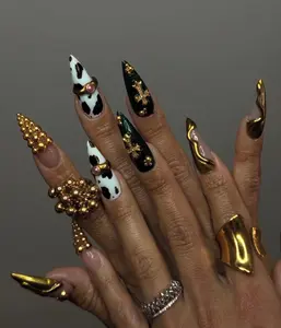 Alice WonderNails – XL Glam Cow Print Press On Nails | 3D Gold Chrome Accents | Handmade Faux Acrylic Nails | Birthday Party Nail Gift – AW332