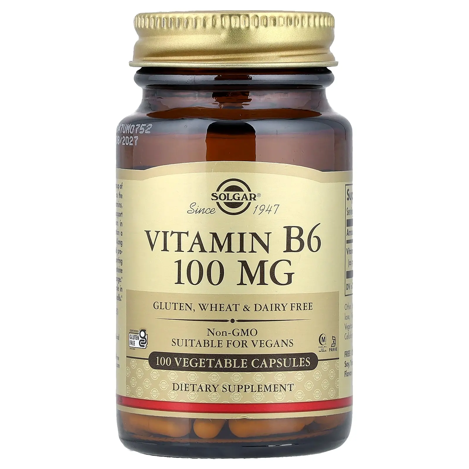 Solgar Vitamin B6, 100 mg, 100 Vegetable Capsules
