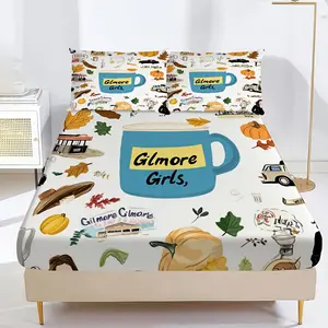 3pcs Gilmore Girls TV Show Icons Collage Bedding Set - Officially Inspired Fitted Sheet & 2 Pillowcases with Luke's Diner, Stars Hollow Motifs, Machine Washable Comforter Cover for Home & Hotel Bedrooms, Fan Gift, Cute Bed Sheets