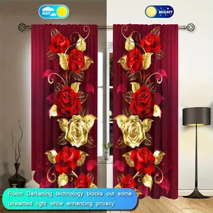 2 Piece Set Wine Gold Rose Print Curtains, Window Curtain, Elegant Vintage Floral, Semi-Transparent Polyester Fiber, Rod Pocket Design, Bedroom Living Room Dining Decor