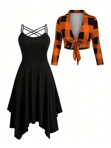 Celure Plus Size Checkered Long Sleeve Top And Asymmetric Hem Camisole Dress, Spring & Autumn，Halloween Plaid Black 2 piece sets women fall sets