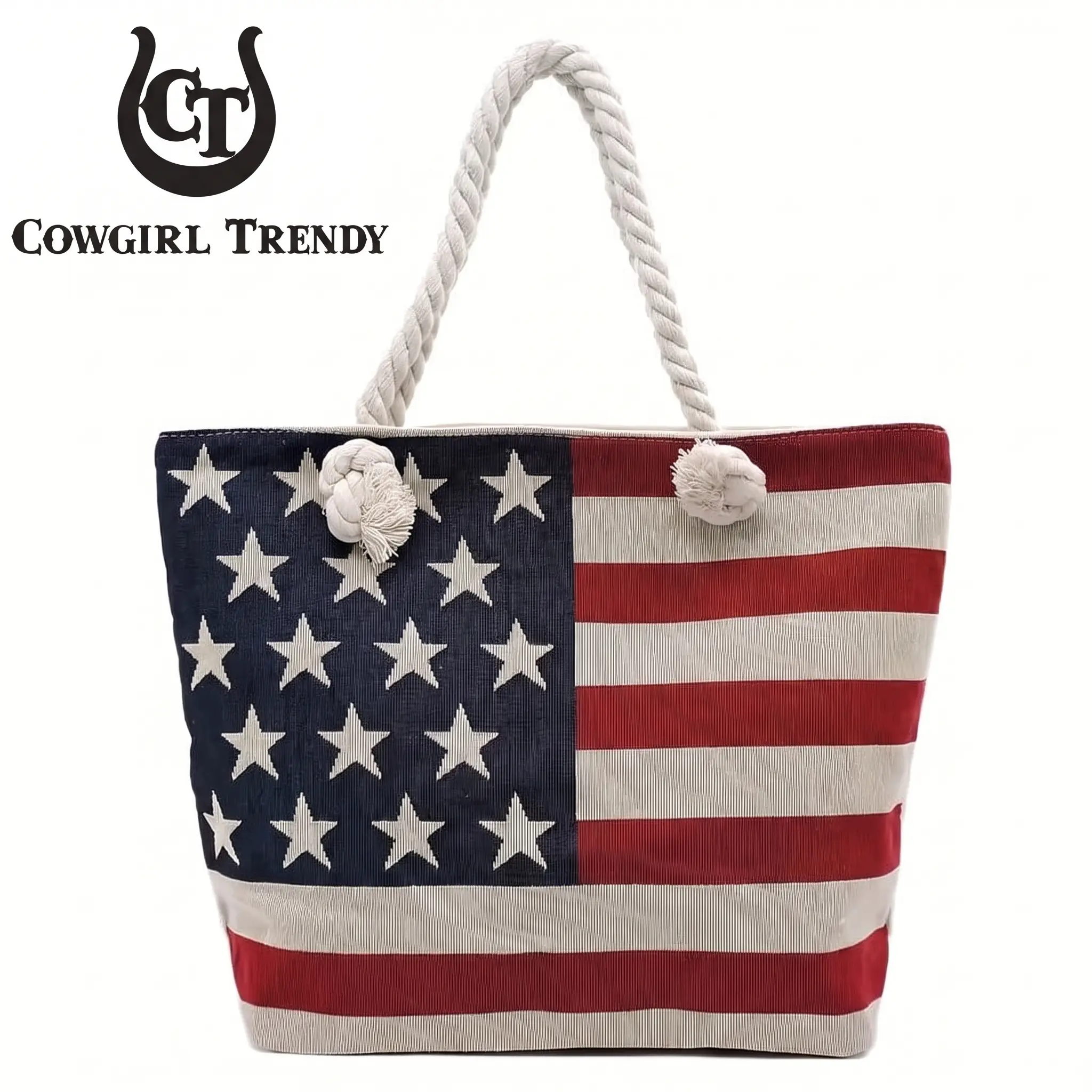 Cowgirl Trendy Women's American Flag Canvas Tote Bag with Rope Handles - 4th of July Independence Day Beach Bag, Beach-Themed Handbag, Beach-Themed Women's Tote Bags