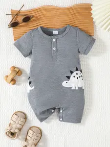 Baby Boy Fuzzy Dinosaur Embroidered Romper Onesie Bodysuit Short Sleeve All-In-One Pajamas Spring Summer, Soft & Cozy Babywear Baby Clothing