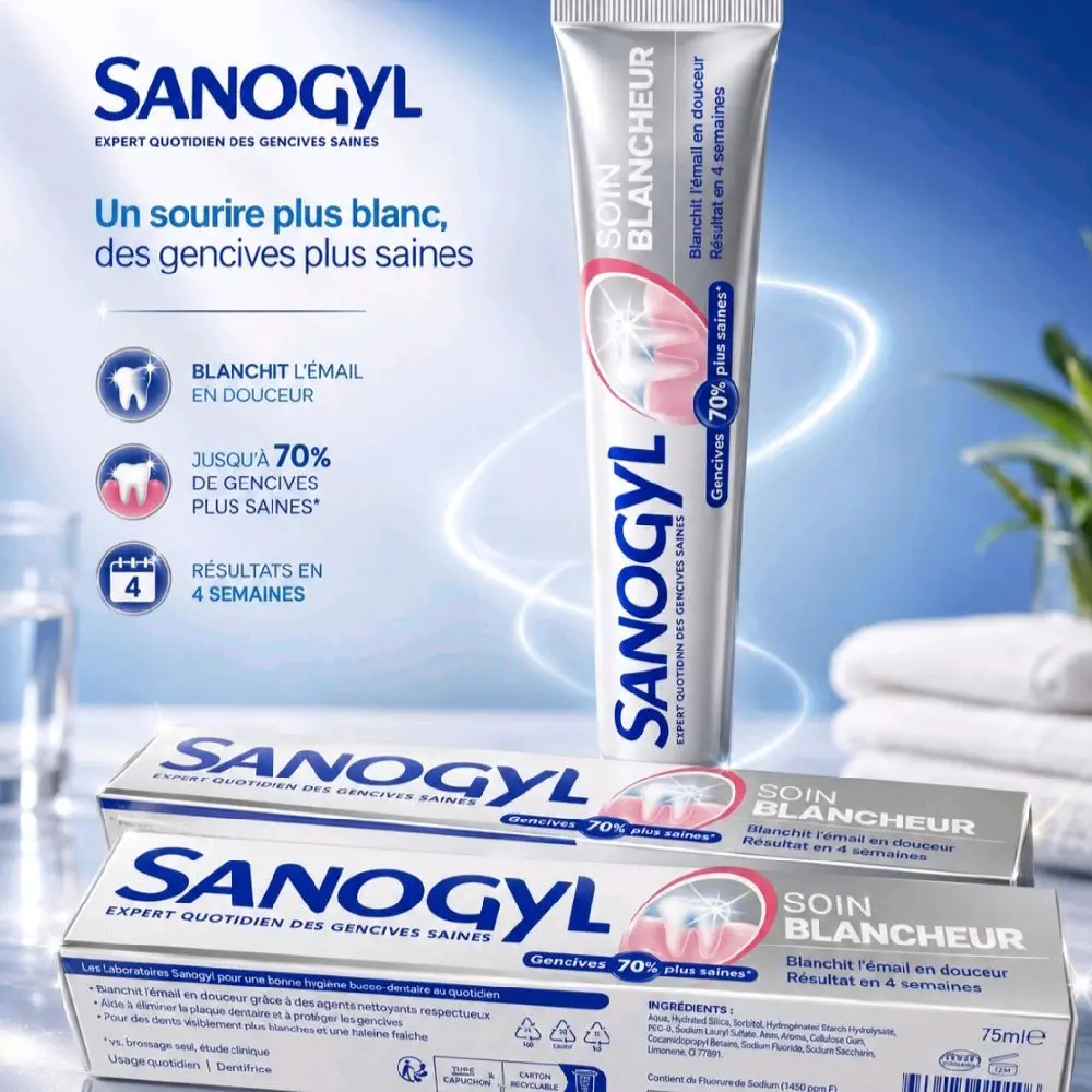 SANOGYL Soin Blancheur Toothpaste Pack of 2 – Expert Daily Care for Healthier Gums & Whiter Teeth Description: SANOGYL Soin Blancheur Toothpaste Pack of 2 is a premium daily toothpaste designed to promote healthier gums while restoring your teeth's natura