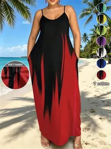 Plus Size Women's Summer Dress, Gradient Print Halter V-Neck Long Dress, Loose Fit Side Pockets, Casual Chic Beach Vacation Daily Wear