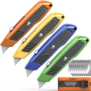 4-Pack Retractable Box Cutter Utility Knife, Heavy Duty Aluminum Shell Box Cutter for Cardboard Boxes Cartons, Comes with Extra 10 Blades