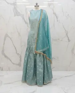 Sea Green Raw Silk Gharara Suit | Serene Fashions