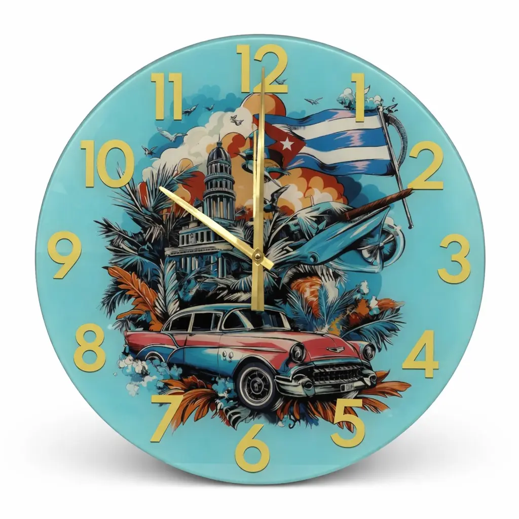 18in Round Retro Vintage Premium Glass Wall Clock - Silent Mechanism, Lightweight, Easy-to-Hang, Battery-Powered, Vivid Design, Artwork, Room Decor for Cuban Havana Tropical Rooms, Perfect Gift for Cuban Culture Lovers