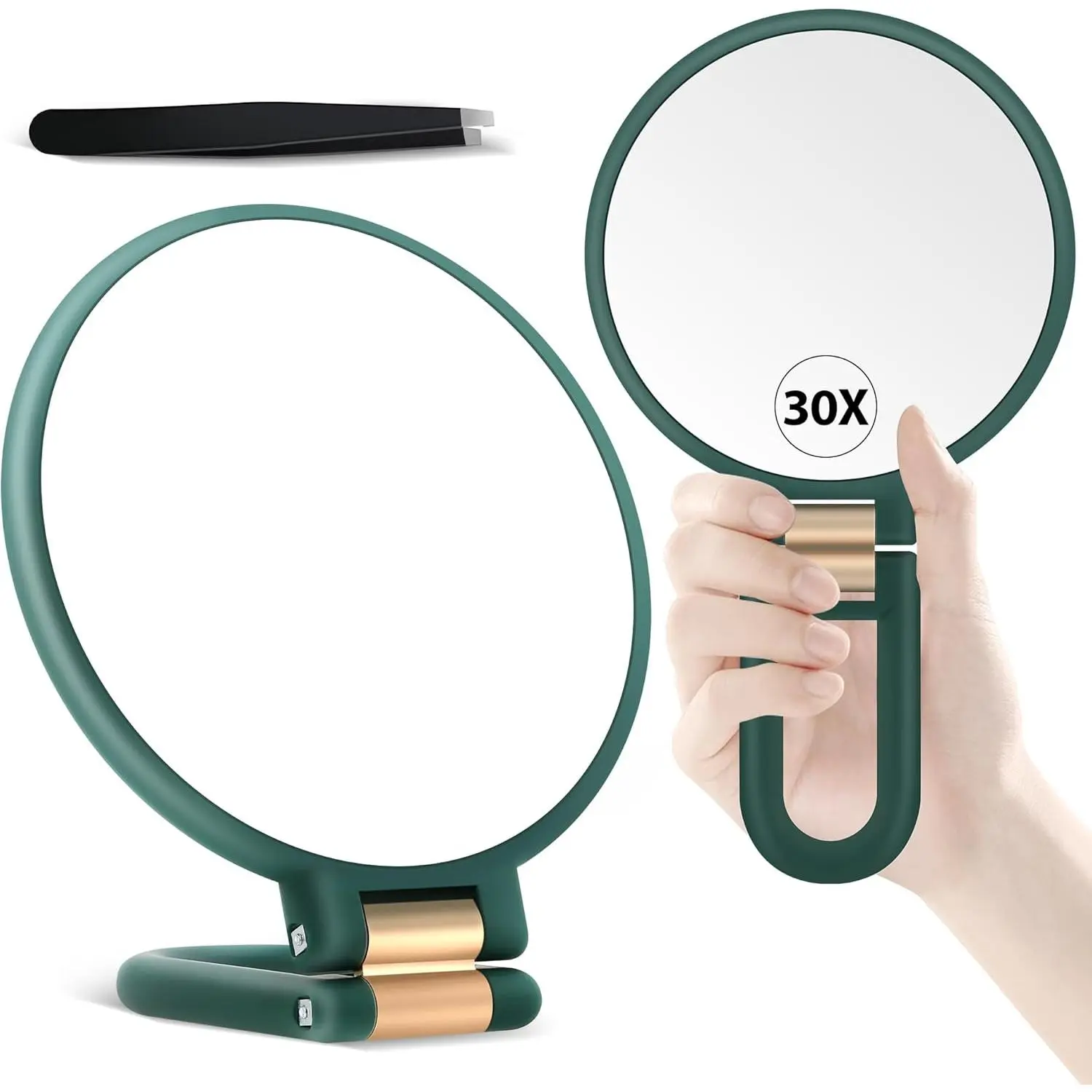 Handheld Magnifying Mirror, Doule Sided Travel Magnifying Mirror with 30X/1X Magnification, 360?Adjustale Handle and Precision Tweezers, Portale Multi-Purpose Makeup Mirror Green