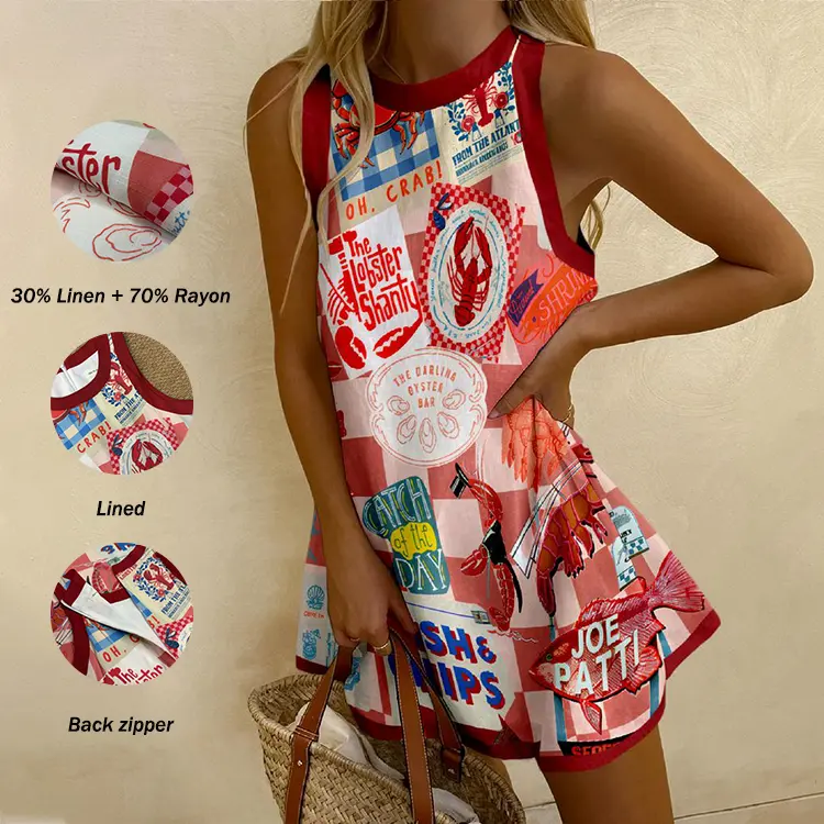 Women's Light Strapless Linen-Rayon Casual Dress - 30% Linen 70% Rayon, Sleeveless A-Line Mini Dress with Nature & Cartoon Marine Prints, Shorts-Inspired Hem Detail