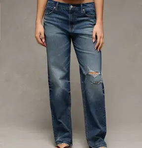 Women's Stretchy Baggy Low-Rise Straight Denim Jeans - Cotton, Vintage Womenswear Bottoms for Casual Clothes