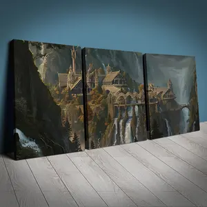 Vintage Fantasy Art Canvas Prints Set, 3 Pieces, Middle-Earth Castle & Landscape Wall Decor, Perfect Gift for Home Office Garage