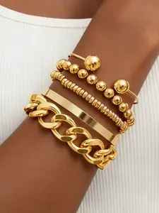 5 pcs Women's Punk Stackable Hip-Hop Chunky Chain Beaded Bracelet Set, Trendy Jewelry Accessories for Women, Perfect Gift Idea