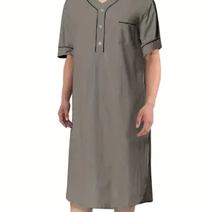 Men Loose Nightgown Solid Color Henley Short Sleeve Nightshirt Kaftan Arabic Thobe with Pockets Sleepwear
