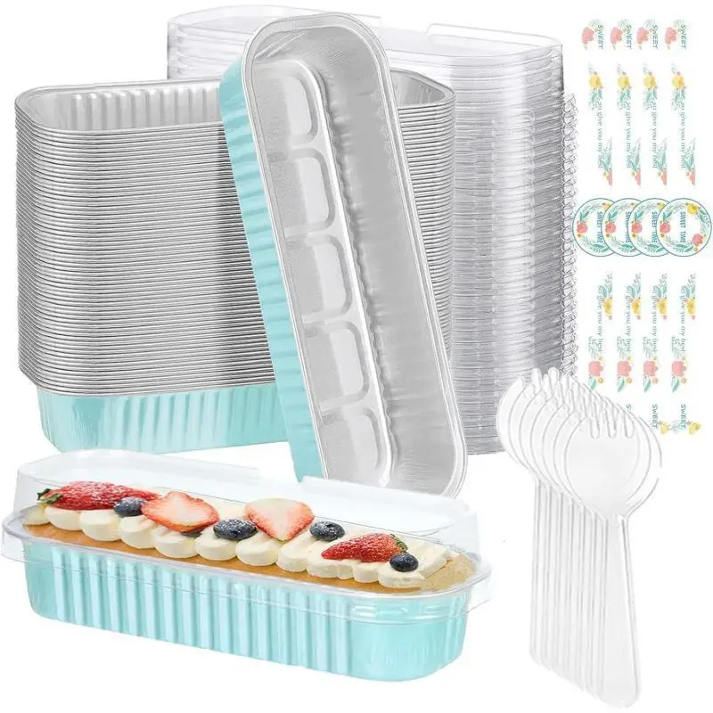 100 Pack Mini Cake Pans with Lids and Spoons,6.8oz Mini Loaf Pans with Lids Cake Tins Rectangular Aluminum Foil Baking Pans with Sealing Sticker Cheesecake Containers