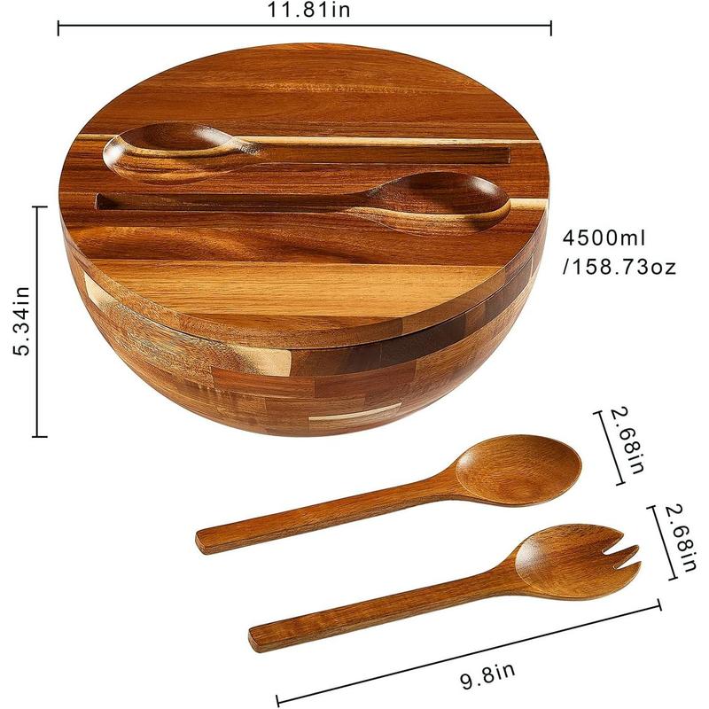 Salad Bowls  Salad Bowl Set with Lid 11.8 Inch Large Wooden Bowls Set Acacia  Serving-Bowl with Serving Utensils Bowl for Kitchen, Dining, Party