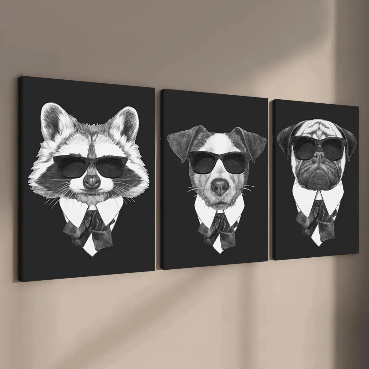Animal in Suit Pattern Framed Canvas Painting, 3 Counts/set Cool Animal Pattern Wall Art, Wall Decor for Home Living Room Bedroom Office