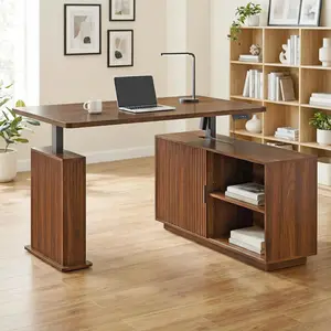 Mid Century Modern L Shaped Electric Standing Desk with Storage, 55 x 47 Inch L Corner Sit Stand Up Desk, Wooden Adjustable Height Office Desk Computer Executive for Home, Laptop, Fluted, Walnut