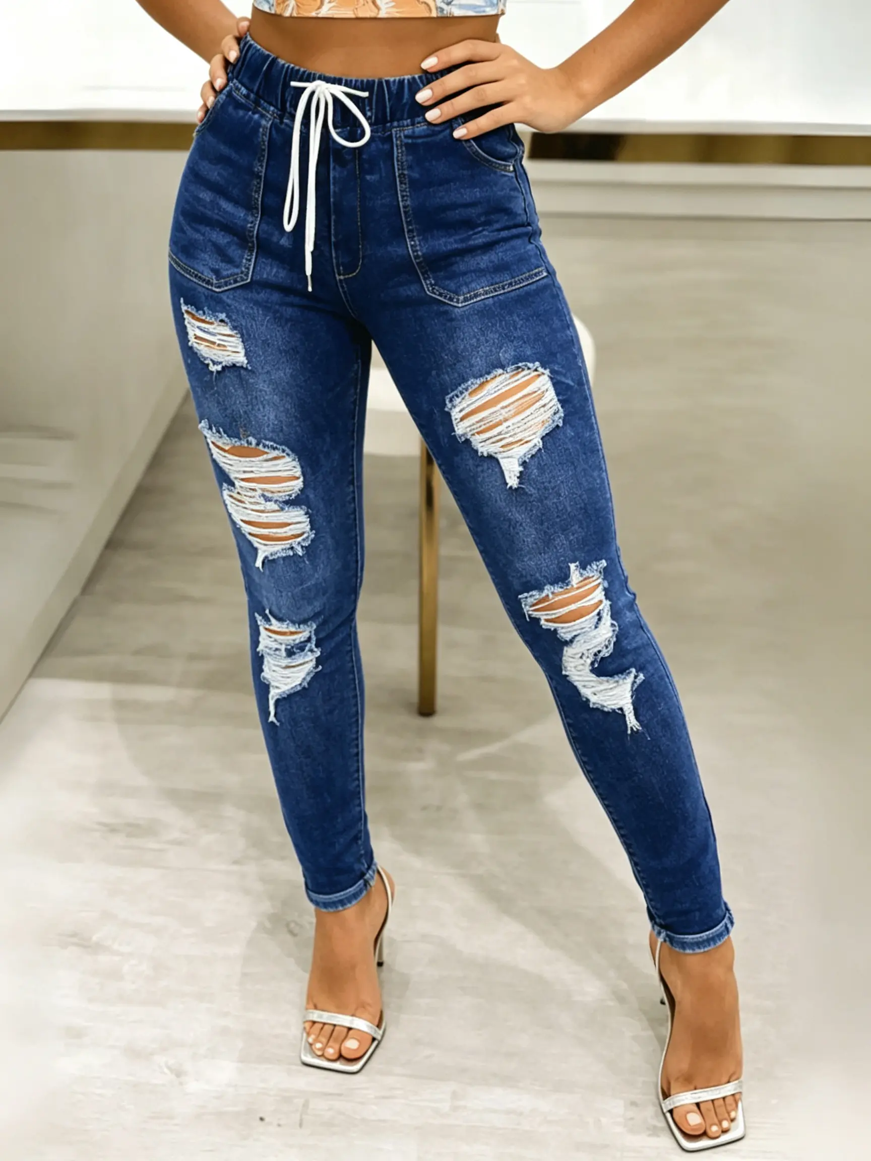 Women's High-Waisted Stretchy Ankle Jeans, Womenswear Ripped Distressed Washed Denim Slim-Fit Tights