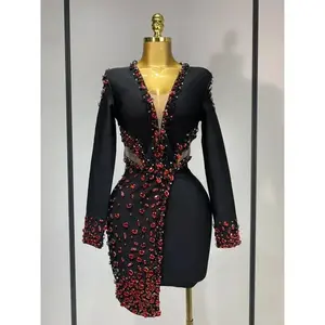 Luxury Birthday Women Celebrity Sexy Long Sleeve V Neck Rhinestone Black Bandage Dress 2026 Elegant Evening Club Party Dresses vibrant day