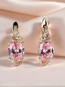 2pcs Teardrop Cut Stone Drop Earrings/Clip Earrings Wedding Jewelry/Golden Color, Hand-set Metal Base with Slight Variation in Placement is Normal