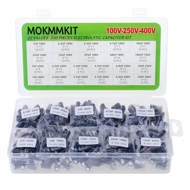 Mokmmkit Aluminum Electrolytic High Voltage Capacitor Kit - 330 Pieces, 22 Assorted Values, 1uF-100uF Capacitance, 100V-400V (Including 250V), ±20% Tolerance, Stable and Durable for Home Improvement, Heating Cooling Ventilation