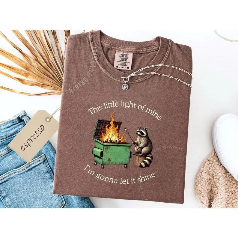 Comfort Colors Funny Raccoon Dumpster Fire T-Shirt, This Little Light of Mine Sarcastic Tee, Racoon Lover Gift, Chaos Aesthetic Graphic T-shirt
