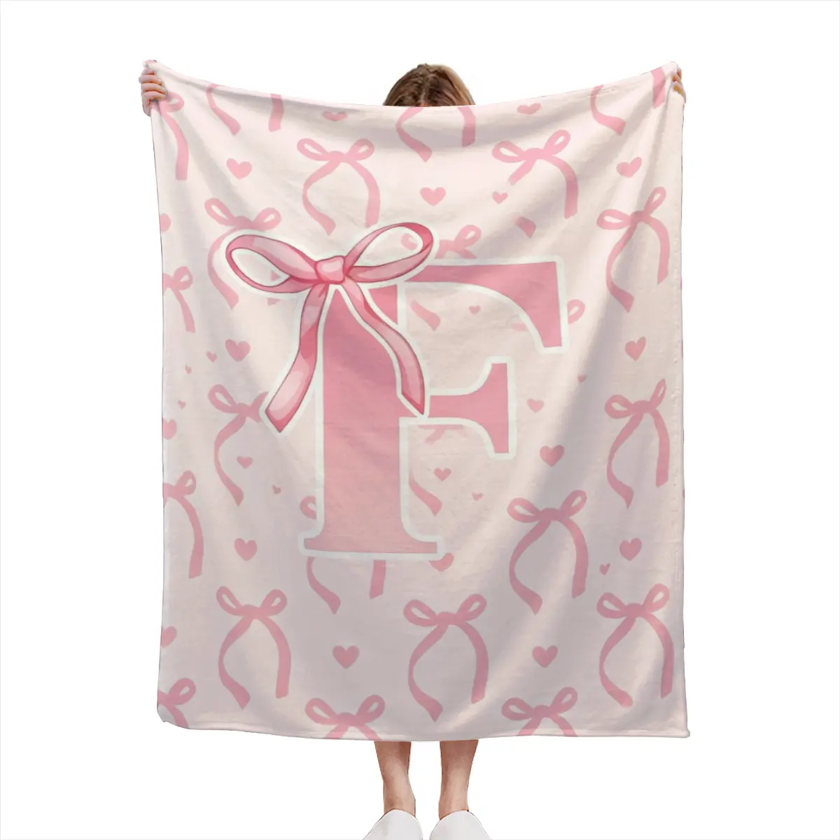 Coquette Pink Bow Initial R Throw Blanket, Monogram Letter R Flannel Blanket, Soft Cute Girly Aesthetic Decor Blanket, Personalized Gift for Women