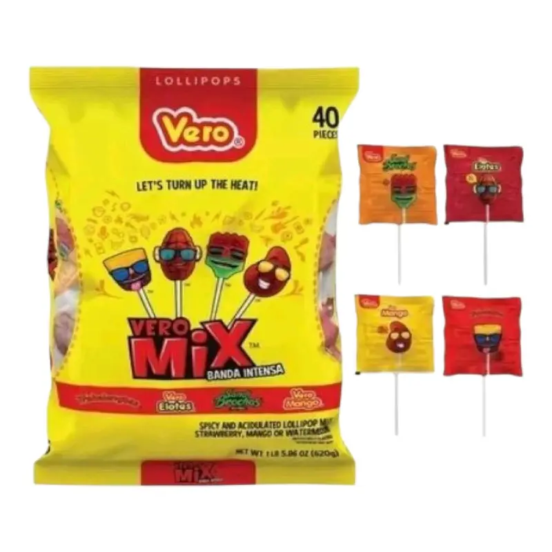 Vero Banda Fuego Mix Assorted Chili Lollipops, 40 Count Bag Mexican Candy Dulces Mexicanos Candies Spicy Sweet Sugar Snack