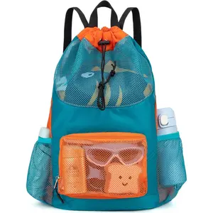 Swim Bag for Kids Mesh Beach Backpack for Boys Lightweight Drawstring Beach Bag Swimming Pool Sports Gym String Bag (Green)