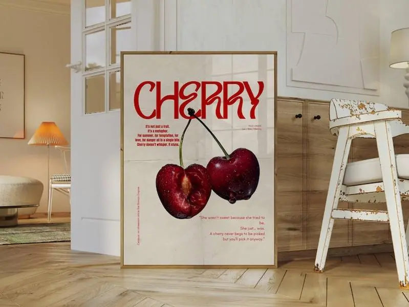 Cherry Poster Print | Girly Aesthetic Wall Art for Trendy Rooms, Cherries Art, Dorm Decor, Cute Apartment Style & Cherry Lovers