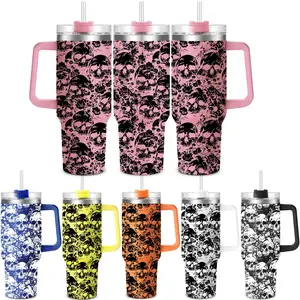Skull Pattern Stainless Steel Tumbler, 1 Count 40oz Double Wall Vacuum Insulated Travel Mug, Drinking Cup for Home Office School, Drinkware, Insulated Bottle