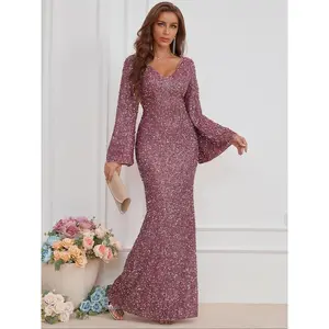 Women’s glitter sequin mermaid evening dress with flounce sleeves, elegant V-neck long-sleeve maxi dress for parties and banquets, prom gown, ladies’ clothing for all seasons