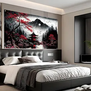 Japanese Style Oil Painting Mountain and Pagoda Pattern Wall Hanging Banner, 1 Count Durable Wall Decor, Wall Art for Home Living Room Bedroom Decor, Ornaments