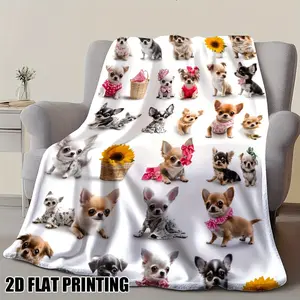Cute Chihuahua Patchwork Blanket, Soft Flannel Plush Throw, HD Digital Print, 20 Adorable Dog Patterns, Vintage Style, Sofa Bed Use