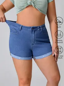 Women's Plus Size Knitted Elastic Washed Soft Denim Shorts, Folded Hem Design, Fit, Comfortable and Stylish, Perfect for Everyday Casual Wear