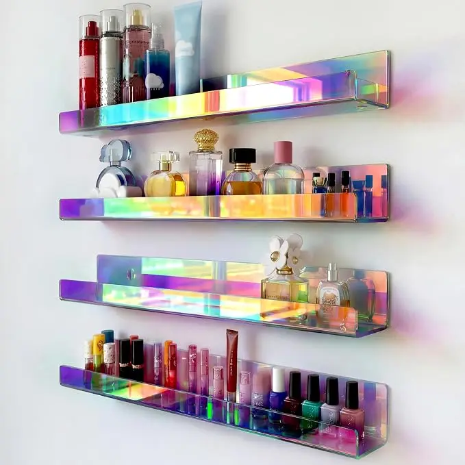 4 Pack 15 Inch Iridescent Acrylic Floating Wall Shelves, Rainbow Shelves | Modern Display Shelf for Sunglasses, Oils, Pictures & Toy Storage Wall Decor