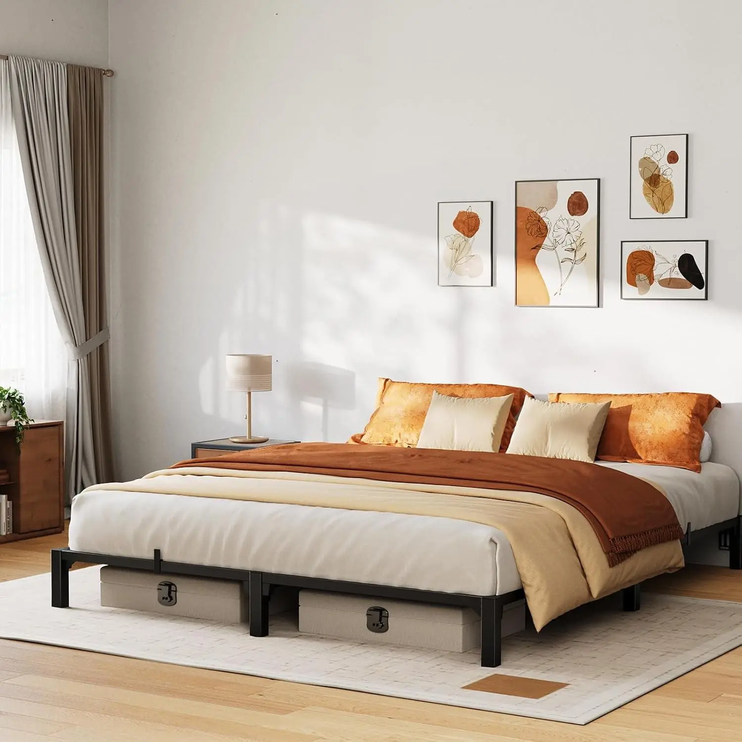 King Size Bed Frame  8 Inch Metal Platform  No Box Spring Needed No Screws Needed  800 Lbs Capacity  Heavy Duty  Tool-Free Assembly with Reinforced Iron Slats and Legs