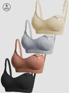 4 PCS Maternity Wireless Nursing Bras 4-Pack, Ribbed Breastfeeding Bras with One-Handed Clasp, Adjustable Straps Daily Wear