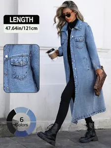 Women's Button Front Denim Coat, Elegant Casual Long Sleeve Outerwear for Spring & Fall, Women's Clothing for Daily Wear Jackets