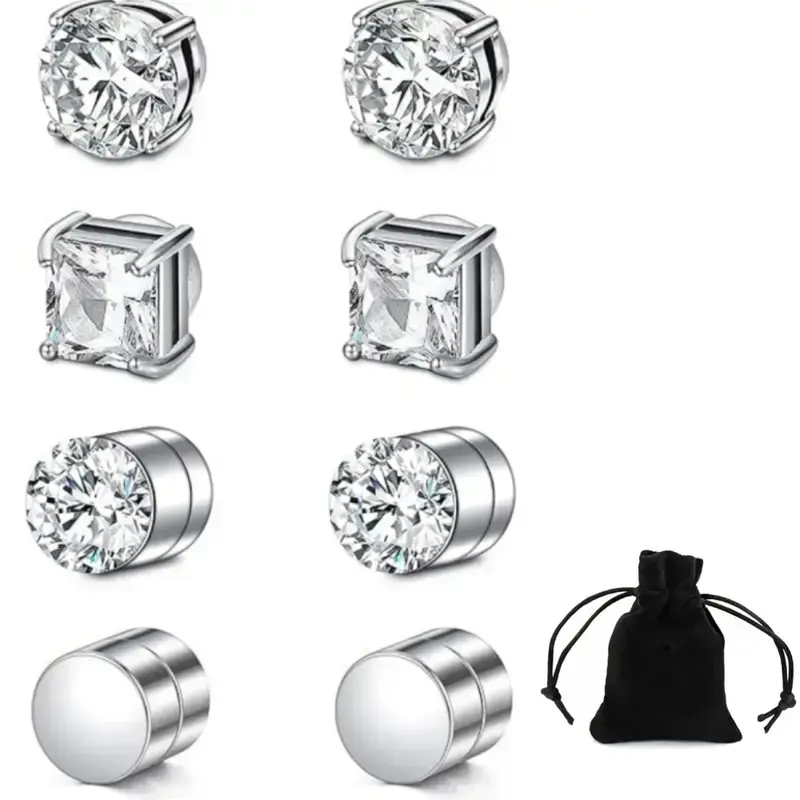 4 Pairs Stud Earrings Fake Cubic Zirconia Diamond Earrings for Women Men Silver summervibes sohochic